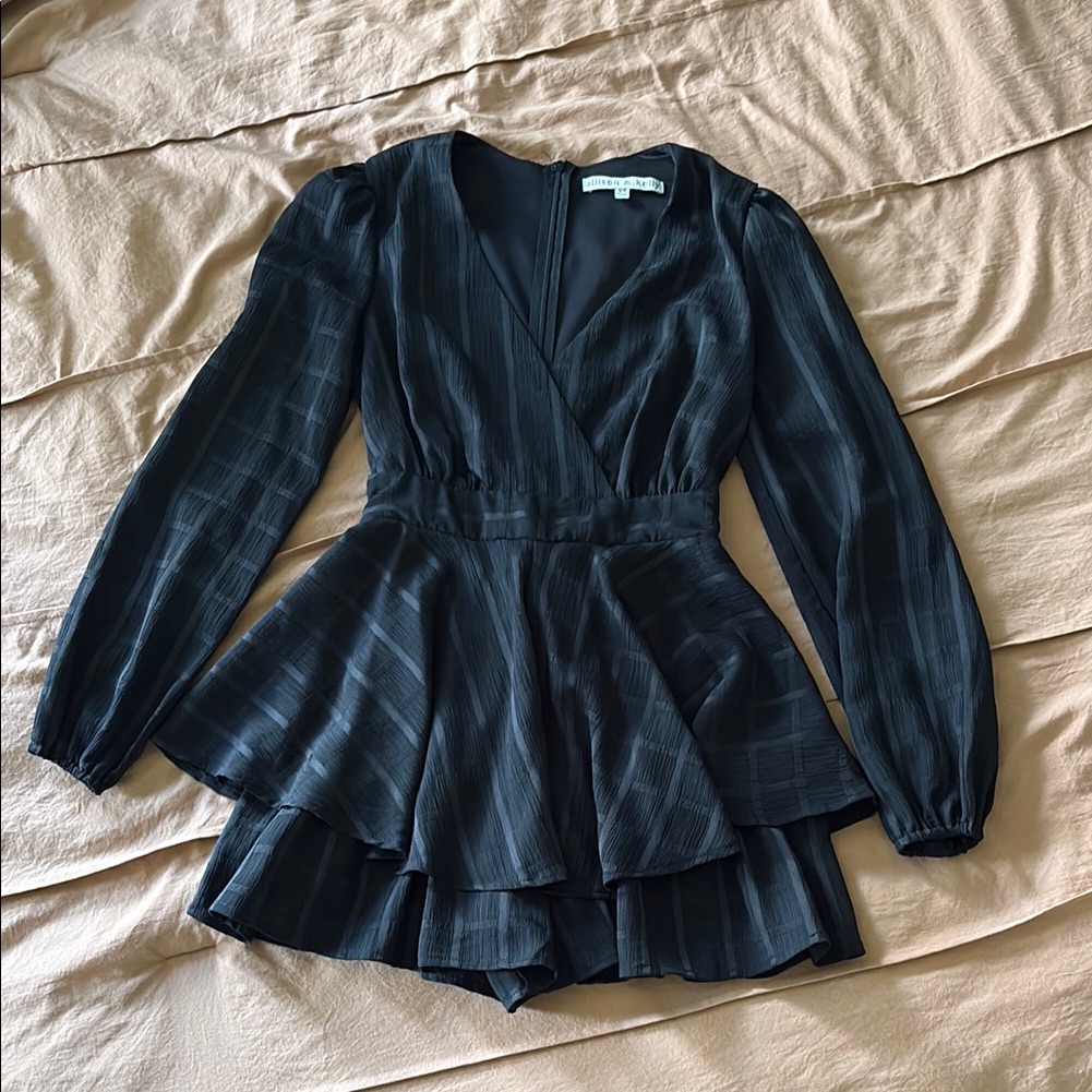 Black Textured Long Sleeve Peplum Romper
